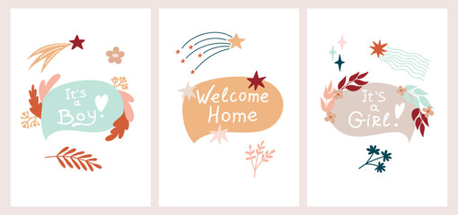 Fototapeta na wymiar Cute cartoon boho baby cards with with inscriptions, it's a boy, it's a girl, welcome home.