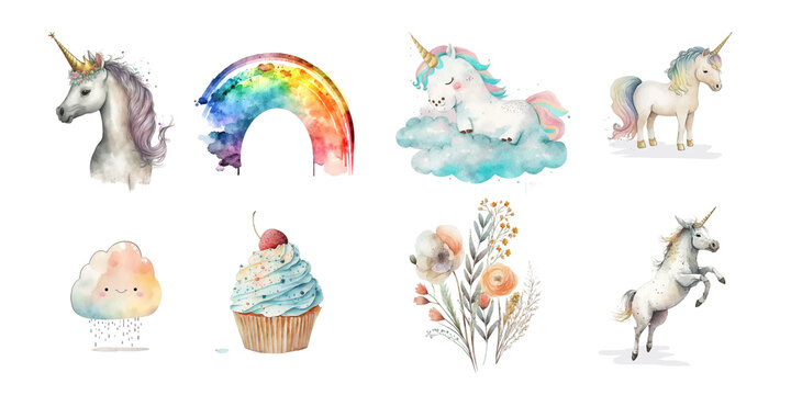 Cute fairytale unicorns, flowers, cloud and rainbow. Watercolor clipart.