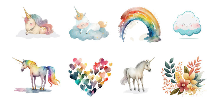 Cute fairytale unicorns, hearts and rainbows. Watercolor clipart.