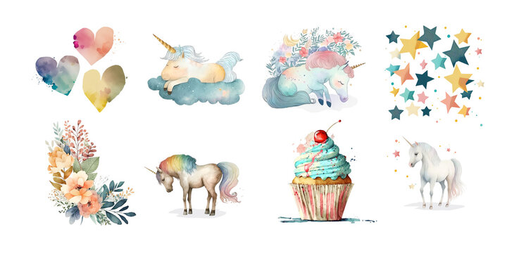 Cute fairytale unicorns, flowers, hearts and rainbows. Watercolor clipart.