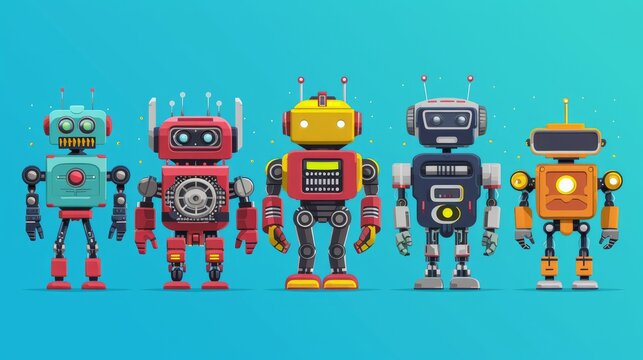 Group Of Modern Robots Isolated On Blue Background Cute Cartoon Character Artificial Intelligence Concept Flat Vector Illustration