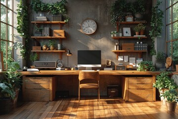 A cozy home office with a sleek wooden desk, vibrant houseplants, and elegant cabinetry, perfect for a productive day of work or relaxation