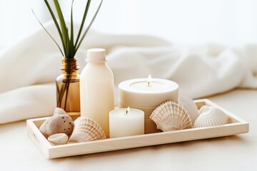 A tray filled with candles and seashells placed on a bed.
