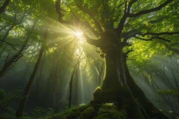 Ethereal forest canopy with sunbeams and moss-covered trees
