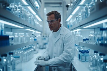A dedicated scientist conducts cutting-edge research in a state-of-the-art laboratory, donning protective goggles and a crisp white coat as they work with various medical equipment and chemicals to a