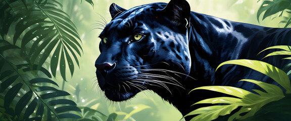 Majestic Black Panther Lurking in the Dense Jungle Foliage - obrazy, fototapety, plakaty