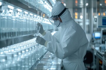 A dedicated researcher in a pristine white suit and protective goggles delves into the mysteries of science in the bustling laboratory of a renowned research institute