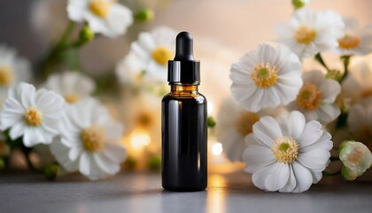 Obraz na płótnie Canvas Black cosmetic serum bottle mock up, blurred flowers. Natural skin care product
