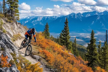 Exhilarating mountain biking trail with rugged terrain and panoramic vistas - obrazy, fototapety, plakaty