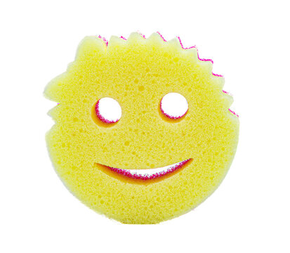 Ocala, Florida January 26, 2024 Scrub Mommy and Daddy eponymous sponges in the shape of a smiley face made from a strong high tech polymer, on display isolated on white background  yellow soft side