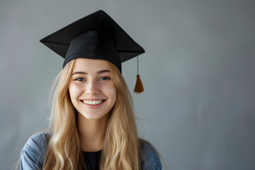 Happy and excited portrait of young student girl in hat of graduation on background.