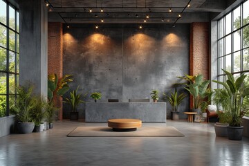 An inviting lobby with an industrial touch, featuring a lush houseplant in a flowerpot on a round table against a concrete wall, framed by large windows and a high ceiling