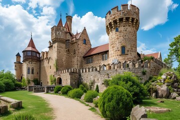 Fototapeta na wymiar Historic european castle with turrets and knight armor displays