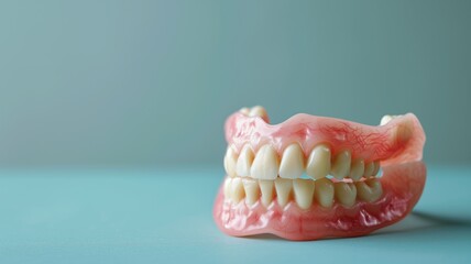 A full set of upper and lower denture teeth model on a solid light blue background