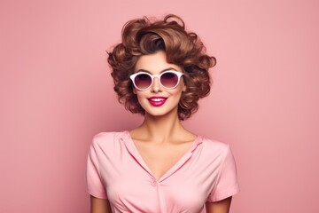 A woman confidently poses outdoors, wearing trendy sunglasses and a stylish pink dress.