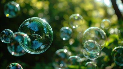 Translucent soap bubbles floating with natural green backdrop - obrazy, fototapety, plakaty