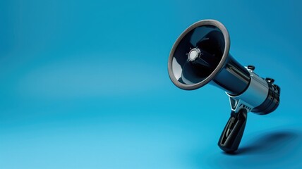 A single megaphone resting on a bright blue surface with space for text - obrazy, fototapety, plakaty