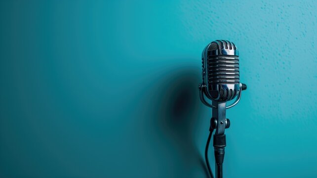 Retro microphone with shadow on a textured turquoise wall