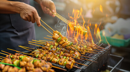 Cook hand-turning skewers over open flames at a street food stall