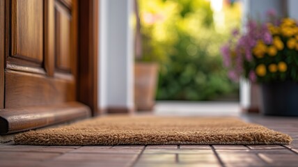 A coir doormat lies in front of an open door with potted flowers nearby - obrazy, fototapety, plakaty