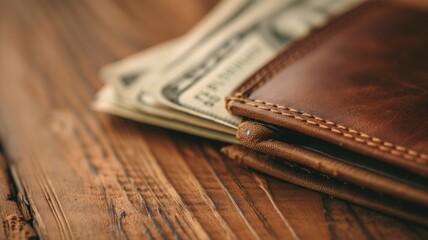 Brown leather wallet with money on a rustic wood table - obrazy, fototapety, plakaty
