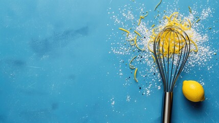 Bright lemon zest and powdered sugar with whisk on blue backdrop