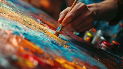 Obraz premium Close-up of an artist's hand skillfully painting on a vibrant canvas