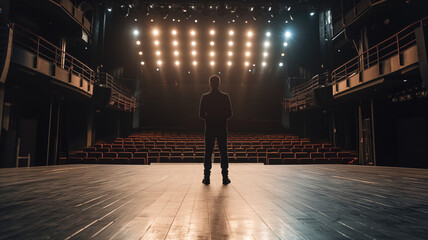 Silhouette of a person standing on a theater stage, spotlight shining from behind - obrazy, fototapety, plakaty