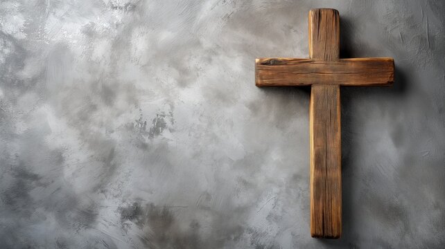 A simple wooden cross affixed to a textured grey concrete wall