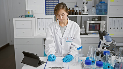 Serious young blonde scientist in the chemistry lab fiercely dedicated to her research, diligently...