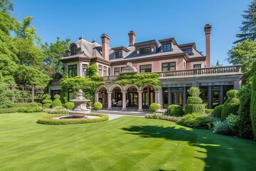 Opulent gatsby mansion with lavish gardens and roaring twenties flair