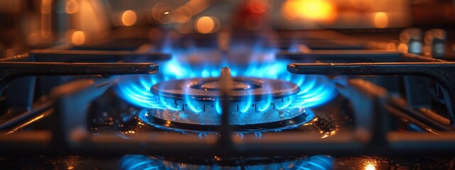 The warm glow of a blue flame dances on the sleek surface of a gas stove, beckoning with the promise of a delicious meal in the bustling kitchen