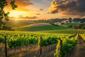 Picturesque vineyard at sunset with rolling hills and grapevines