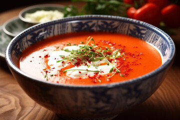 Close-up of a gray clay plate with fresh tomato soup and herbs.