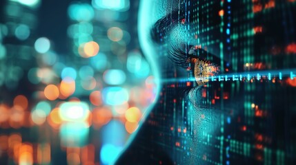 Fototapeta premium Cyber security and data protection concept. Female eye with binary code and blurry city lights, Cyber security and data protection concept with woman face and binary code