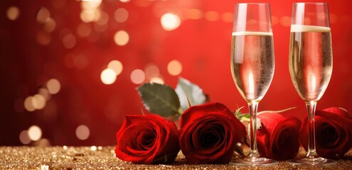 Two glasses of champagne and three roses are arranged on a table.