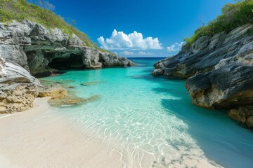Secluded beach cove with crystal clear waters and soft sands
