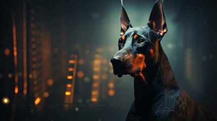 Doberman Dog programmer. Dog Doberman developer. Horizontal Banner Poster Background for web. Photo AI Generated - obrazy, fototapety, plakaty