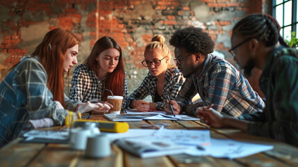 Fototapeta premium Close-up of a business meeting with several individuals over a wooden table, suggesting a modern, tech-savvy professional environment.