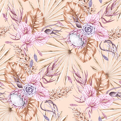 Watercolor tropical pattern with dry palm leaves and flowers in pastel shades in boho style