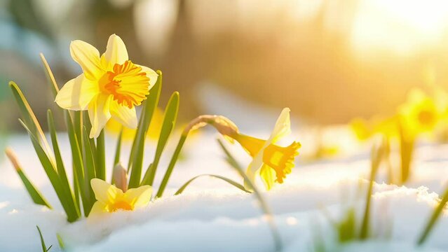 View of the spring flowers in snowy park. New fresh narcissists blossom in beautiful morning with sunlight. Wildflowers in the nature