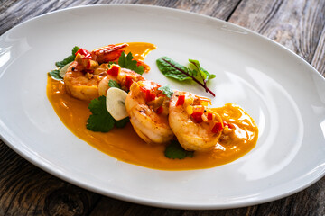 Shrimps salad with ginger and chili in mango sauce on wooden table
