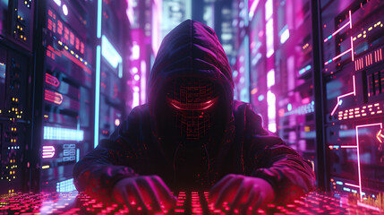Obraz premium Capture the mysterious world of a realistic Anonymous hacker immersed in a web of glowing data, surrounded by a neon-lit network. Generative AI