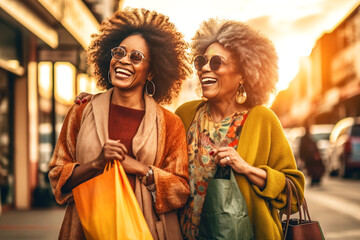 Two mature African-American women in sunglasses and warm sweatshirts hug and laugh on the street of the city. Generated by AI. - obrazy, fototapety, plakaty