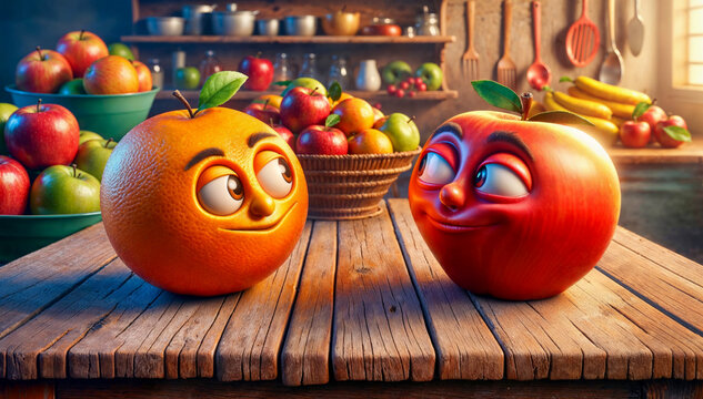 Animated characters of apple and orange with expressive faces, on wooden table, kitchen background, representing diversity and comparison.