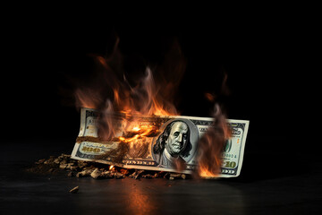 Burning money banknote. Generated by AI. - obrazy, fototapety, plakaty