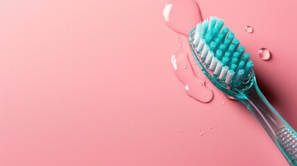 A teal toothbrush with water on a pastel pink surface