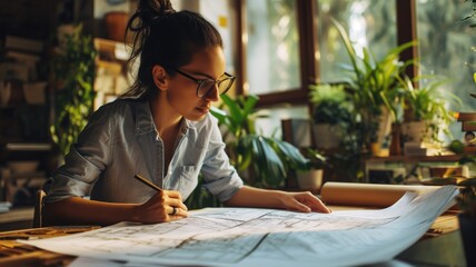 Fototapeta na wymiar A young female architect examines large blueprints in a sunlit room with plants