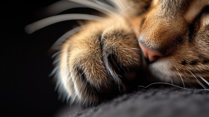 Detailed close-up of a cat's face and whiskers as it sleeps soundly