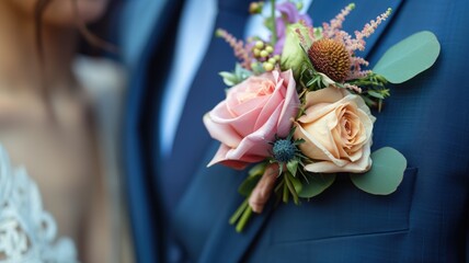 Detail of a groom's elegant boutonniere on a dark blue suit - obrazy, fototapety, plakaty